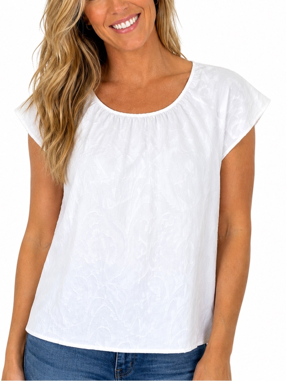 Draper James White Tonal Jacquard Flutter Sleeve Blouse Top - Size Medium